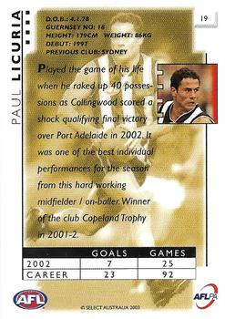 2003 Select XL AFL - Promos #19 Paul Licuria Back